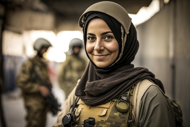 A woman in a headscarf smiles at the camera.