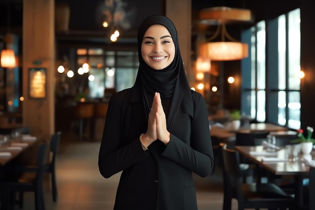 A woman in a headscarf with namaste hands