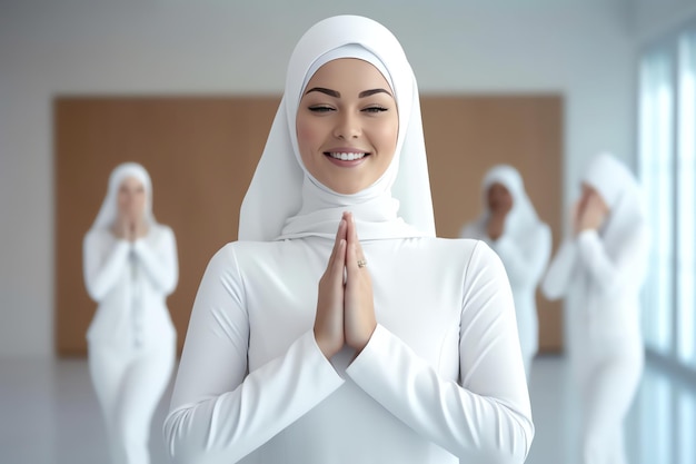 A woman in a headscarf with namaste hands