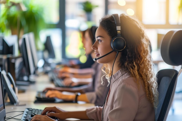 Photo woman in headset working at computer