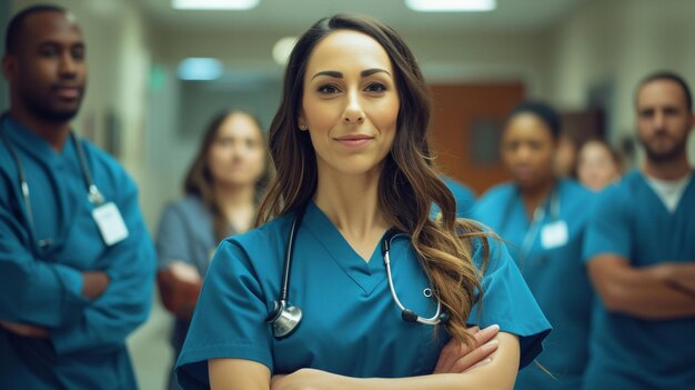 a woman healthcare employee in a blue uniform with a stethoscope on her neck