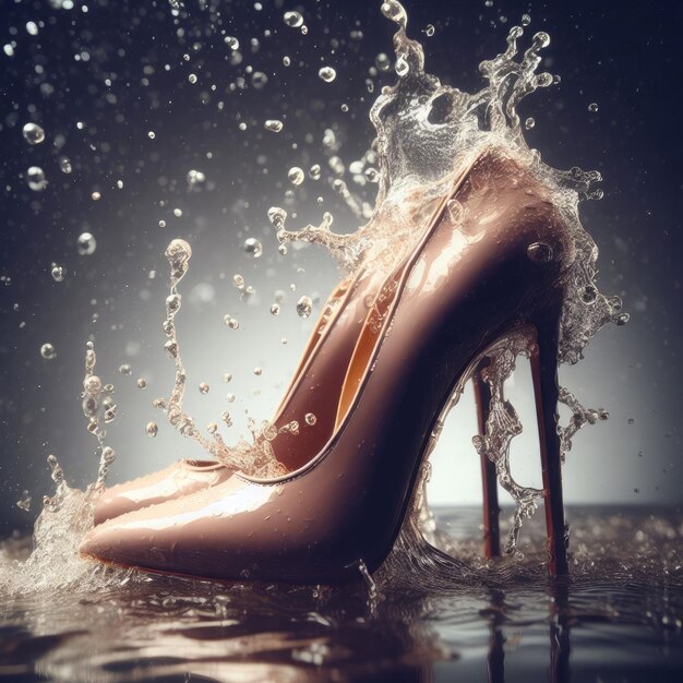 Foto scarpe a tacchi da donna con spruzzo d'acqua su uno sfondo semplice