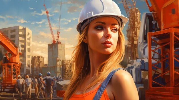 Woman in a helmet at a construction site