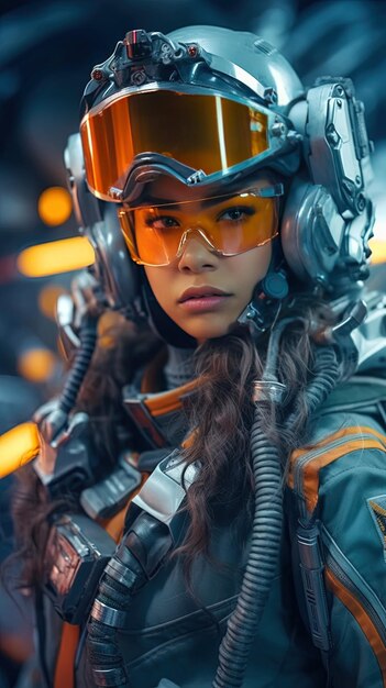 Photo a woman in a helmet and goggles is standing in front of a yellow and orange background