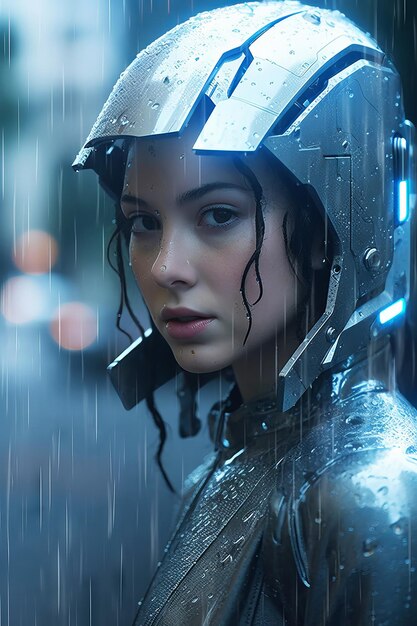 A woman in a helmet stands in the rain with the word'cyberpunk'on the front.