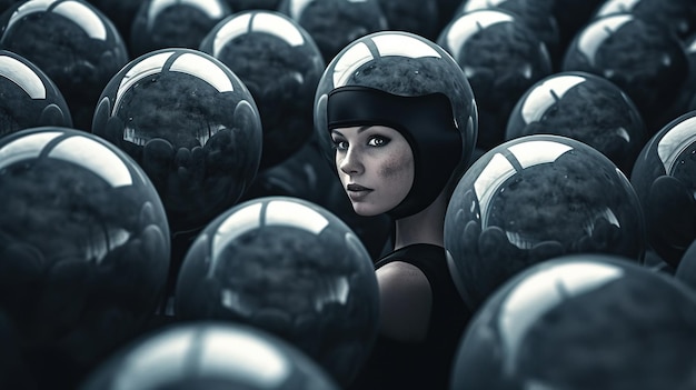 A woman in a helmet surrounded by balloons Generative AI Art