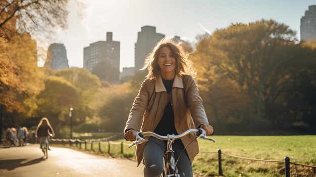Женщина в возрасте 30 лет едет на велосипеде по Центральному парку Нью-Йорка.