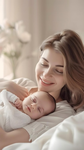 Photo a woman and her baby are lying on a bed