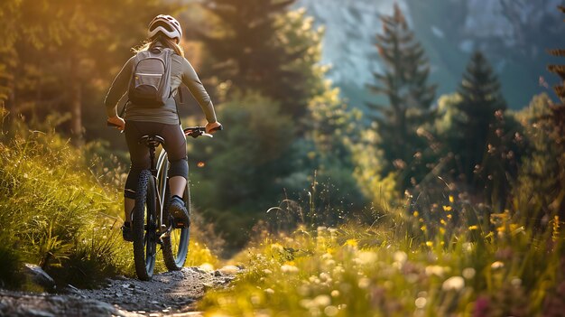 Foto donna sulla schiena che pratica la mountain bike in montagna