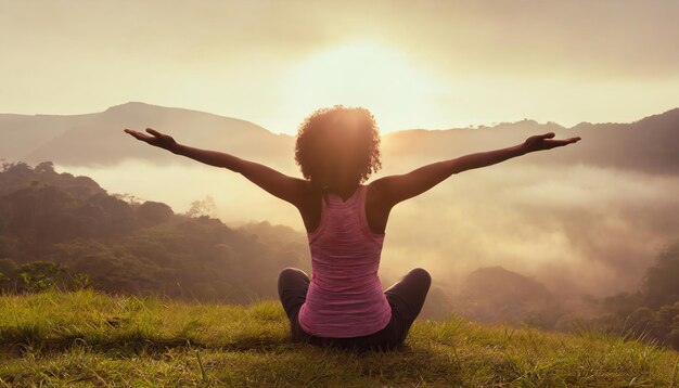 woman on her back with open arms enjoying nature and mountains