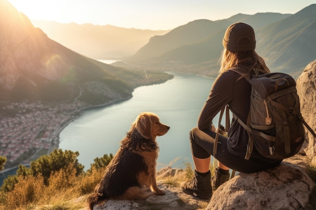 山の頂上に立つ女性と愛犬の生成 AI