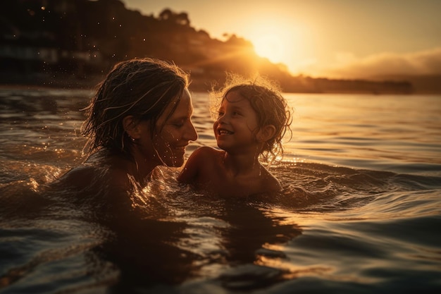 Женщина и ее ребенок плавают в воде на закате.