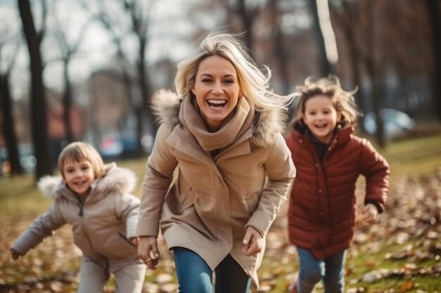 Photo a woman and her children are running in the park and laughing