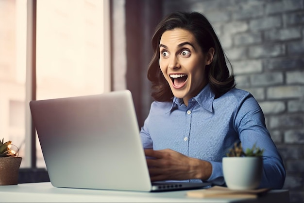 Woman at her computer expression of surprise when receiving an email Ai generated