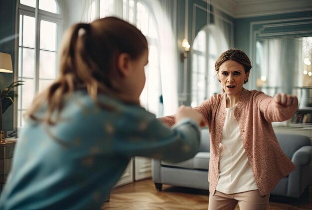 Photo a woman and her daughter are fighting in the living room in the style of back button focus