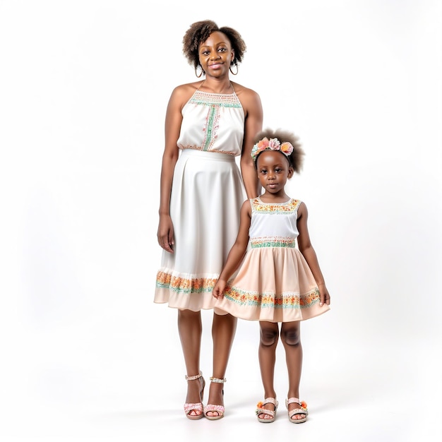 a woman and her daughter in white dresses