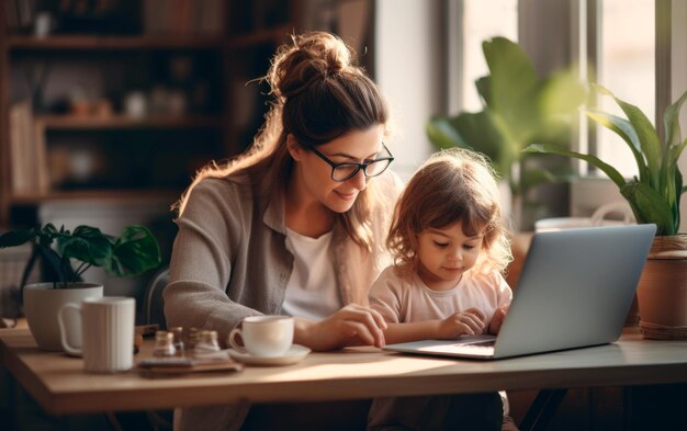 Photo a woman and her daughter working remotely with a laptop in the house ai generative