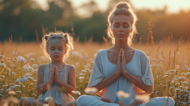 A woman and her daughter do yoga in a grassy field The connection between mind and body