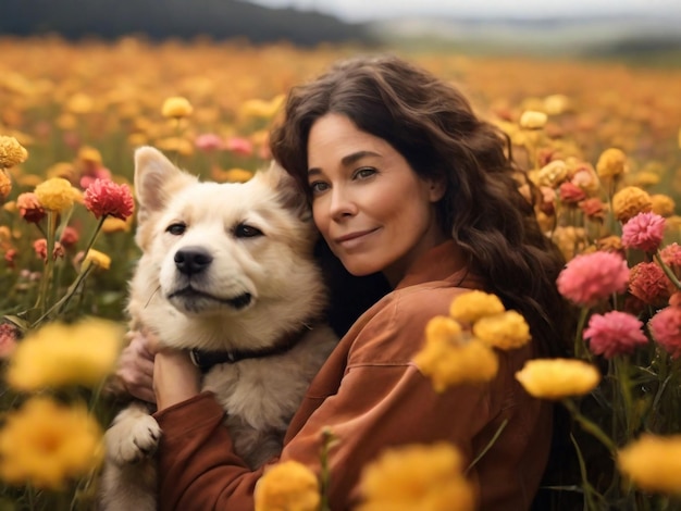 a woman and her dog are hugging each other in a field of flowers