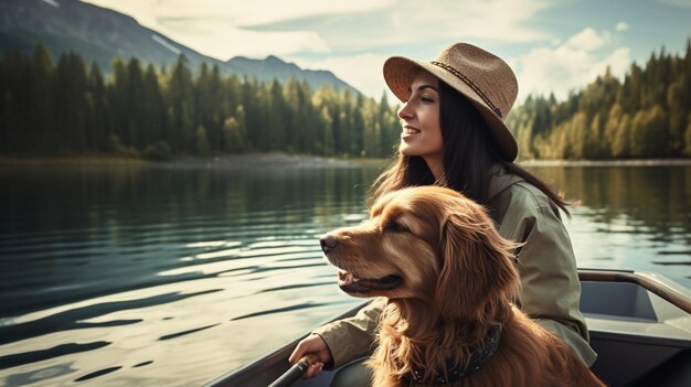 Photo a woman and her dog enjoying boat ride on wallpaper