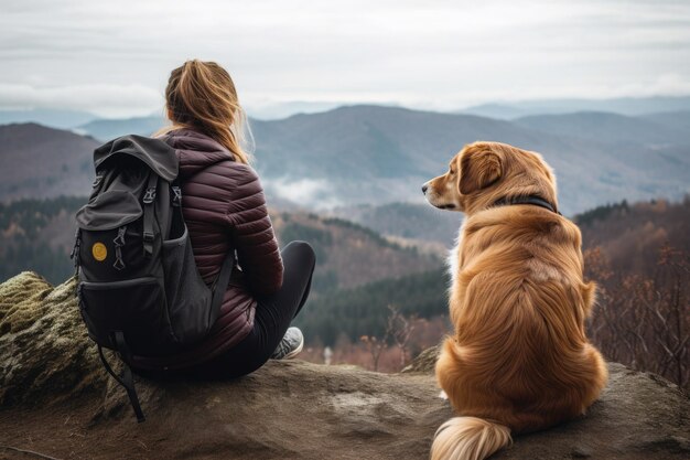 Photo woman and her dog enjoying hiking