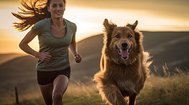 Женщина и ее собака в движении они в середине шага с собакой, бегущей рядом Это передает энергию и жизнеспособность их тренировки