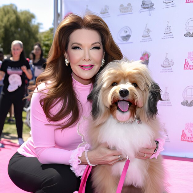 premium-ai-image-a-woman-and-her-dog-pose-for-a-photo-on-a-pink-carpet