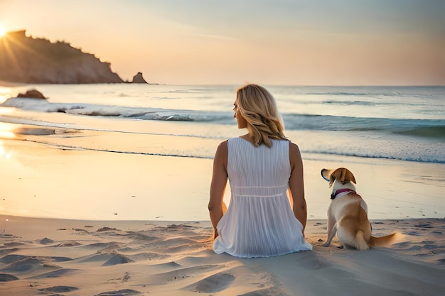 A woman and her dog sit on the beach and look at the ocean