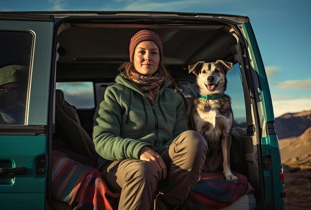 山の景色を眺めながら車から降りる女性とその犬