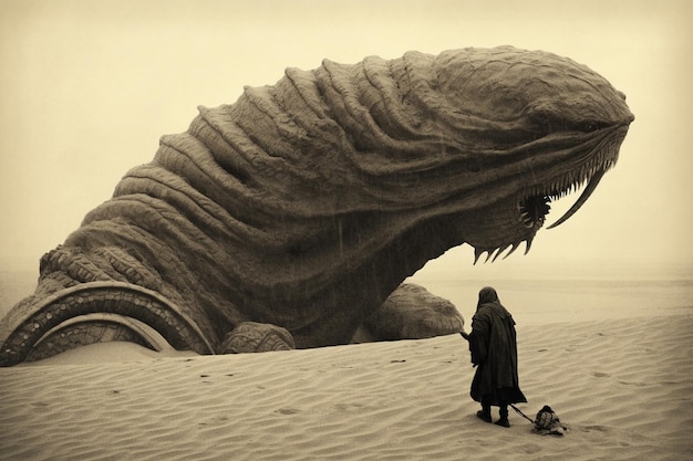 Foto una donna e il suo cane camminano nel deserto con una gigantesca testa di mostro sullo sfondo.