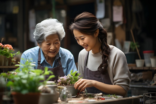 한 여성과 그녀의 할머니가 식물이 있는 부엌에서 일하고 있습니다.