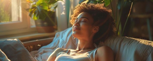 A woman in her home feeling relaxed and content