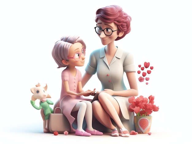 女性と子供たちの母の日の 3D キャラクター