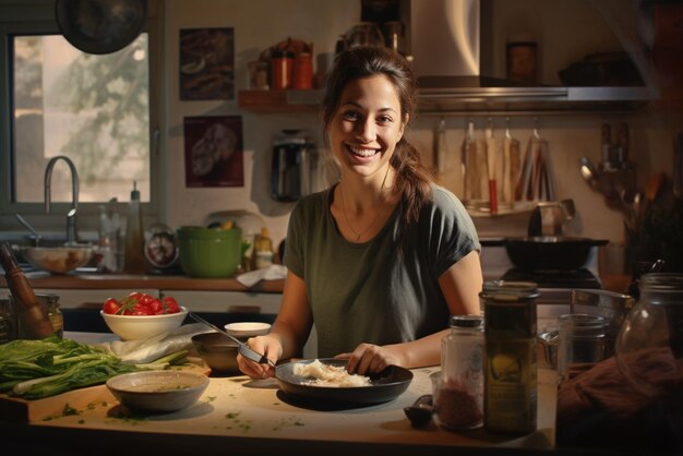 Photo woman in her kitchen preparing food