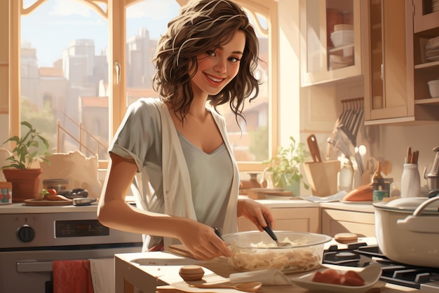 Foto donna nella sua cucina che prepara il cibo