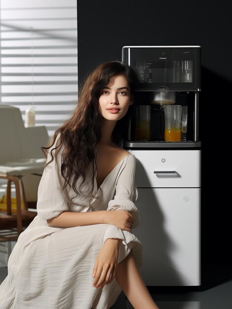 Photo a woman and her modern appliance ai generated