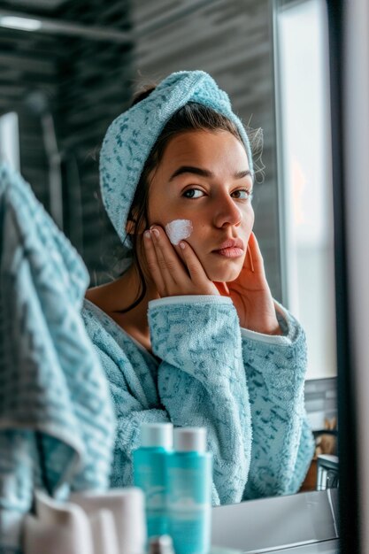 Photo a woman in her morning skincare routine