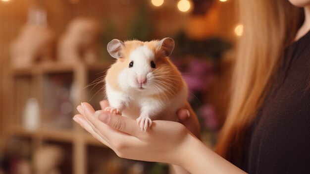 Photo a woman and her pet hamster joining small background