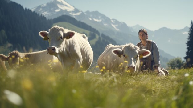山の高い緑の草原で牛を飼う女性 生態学的に清潔な地域 牛を飼う農村農場