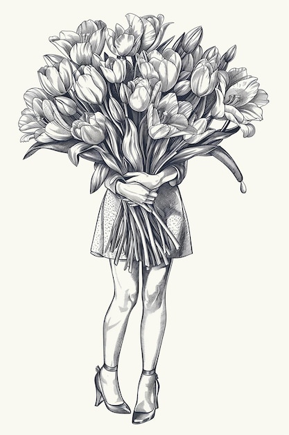 Foto donna con i tacchi alti che abbraccia un enorme bouquet di fiori illustrazione moderna