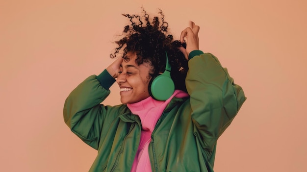 Photo woman in high spirits dancing to music with vibrant green headphones