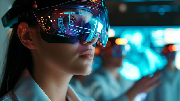 Woman in hightech holographic glasses immersed in futuristic world