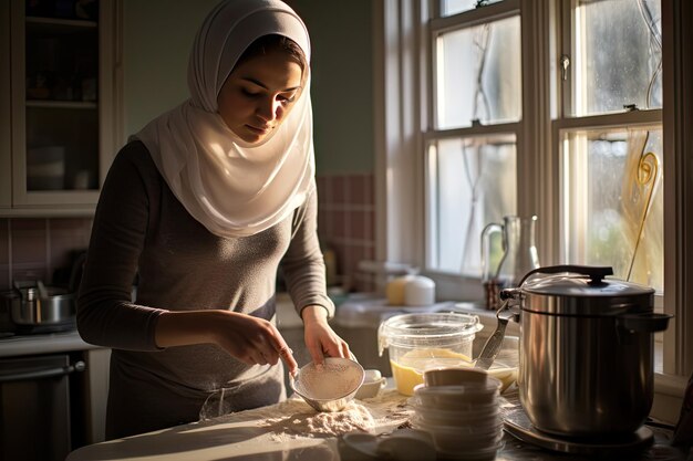 Photo woman in hijab cooking in the kitchen