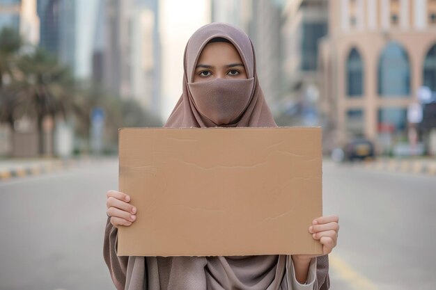 Photo woman in hijab holding blank cardboard sign