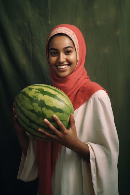 Woman in hijab holding a watermelon on green background Created with Generative AI technology