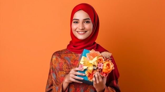 A woman in a hijab holds a gift box with flowers on it.