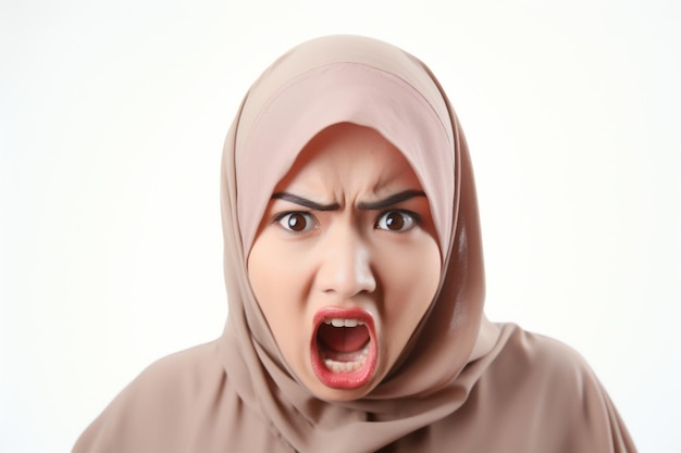 A woman in a hijab is screaming with her mouth wide open