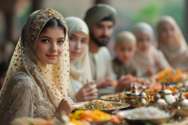 a woman in hijab is sitting at a table with other people