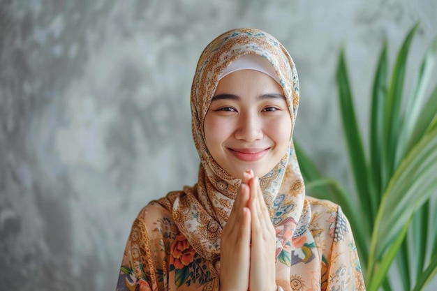 a woman in a hijab is smiling and holding her hands together