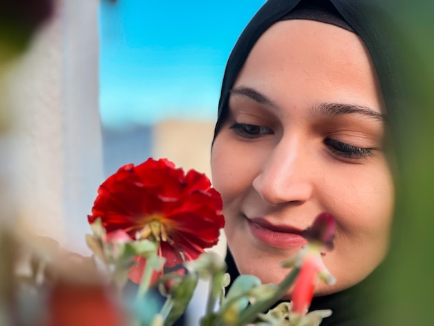 Foto una donna in hijab che guarda un fiore